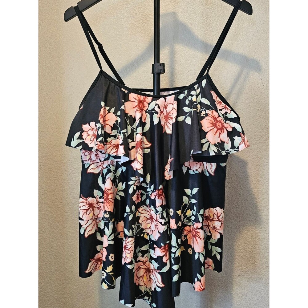Floral Ruffle Black Tankini Top with Pink Blooms
